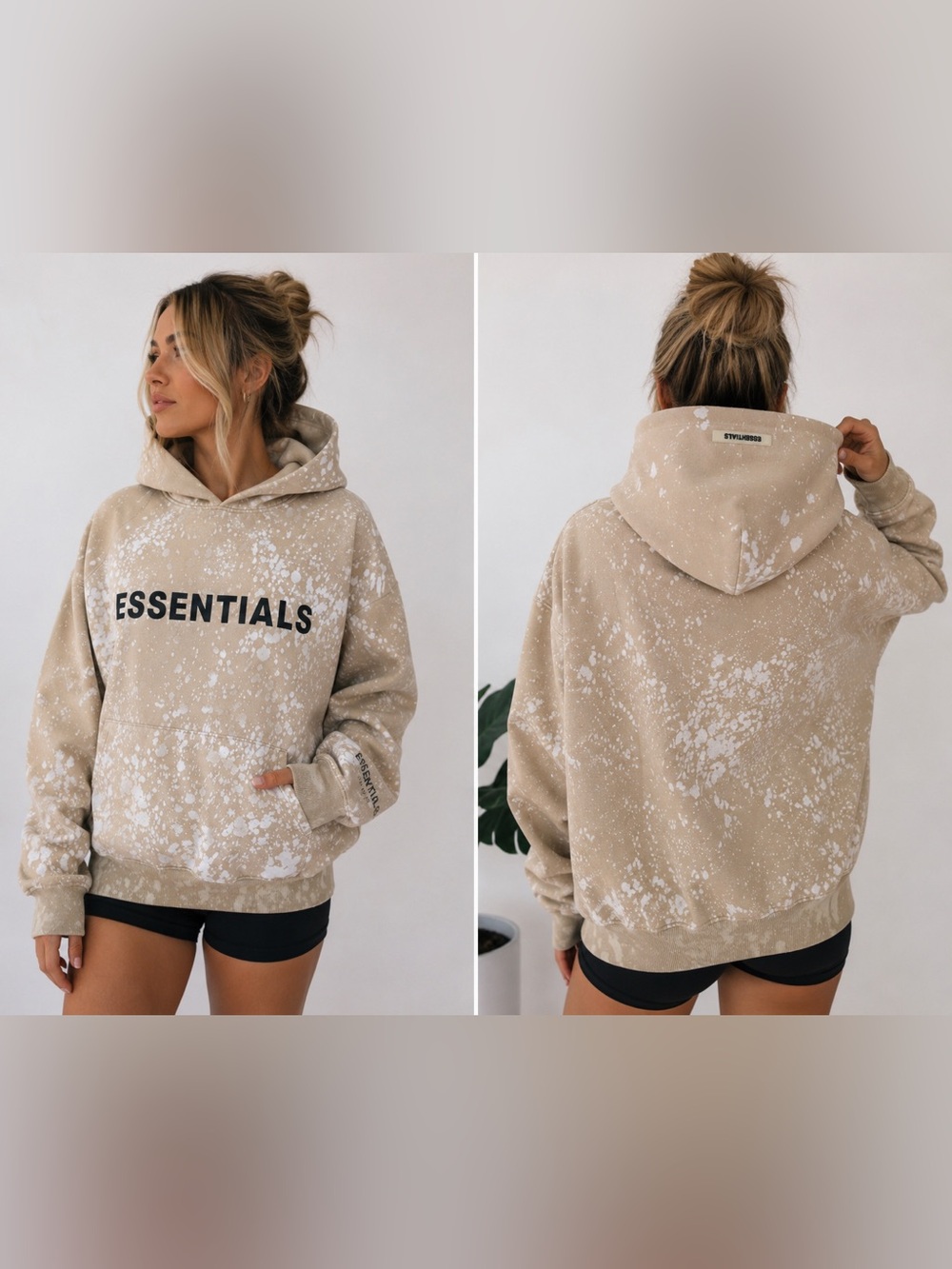 Custom Fear of God Essentials Paint Splatter Hoodie Tan Small S OOAK